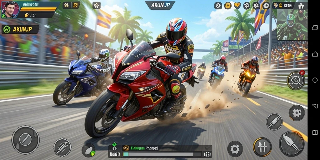 Gameplay AKUNJP yang mendebarkan dengan balapan motor yang seru.