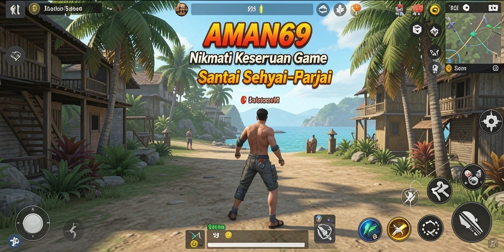 Screenshot gameplay AMAN69 menampilkan level yang menantang dan ceria.