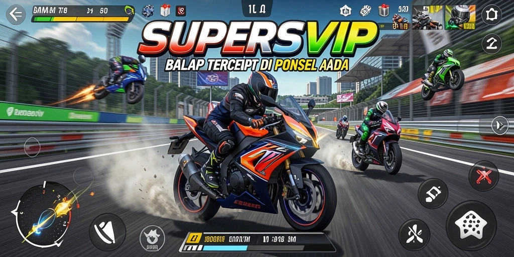 Tampilan gameplay seru dalam SUPERSVIP saat balapan motor.